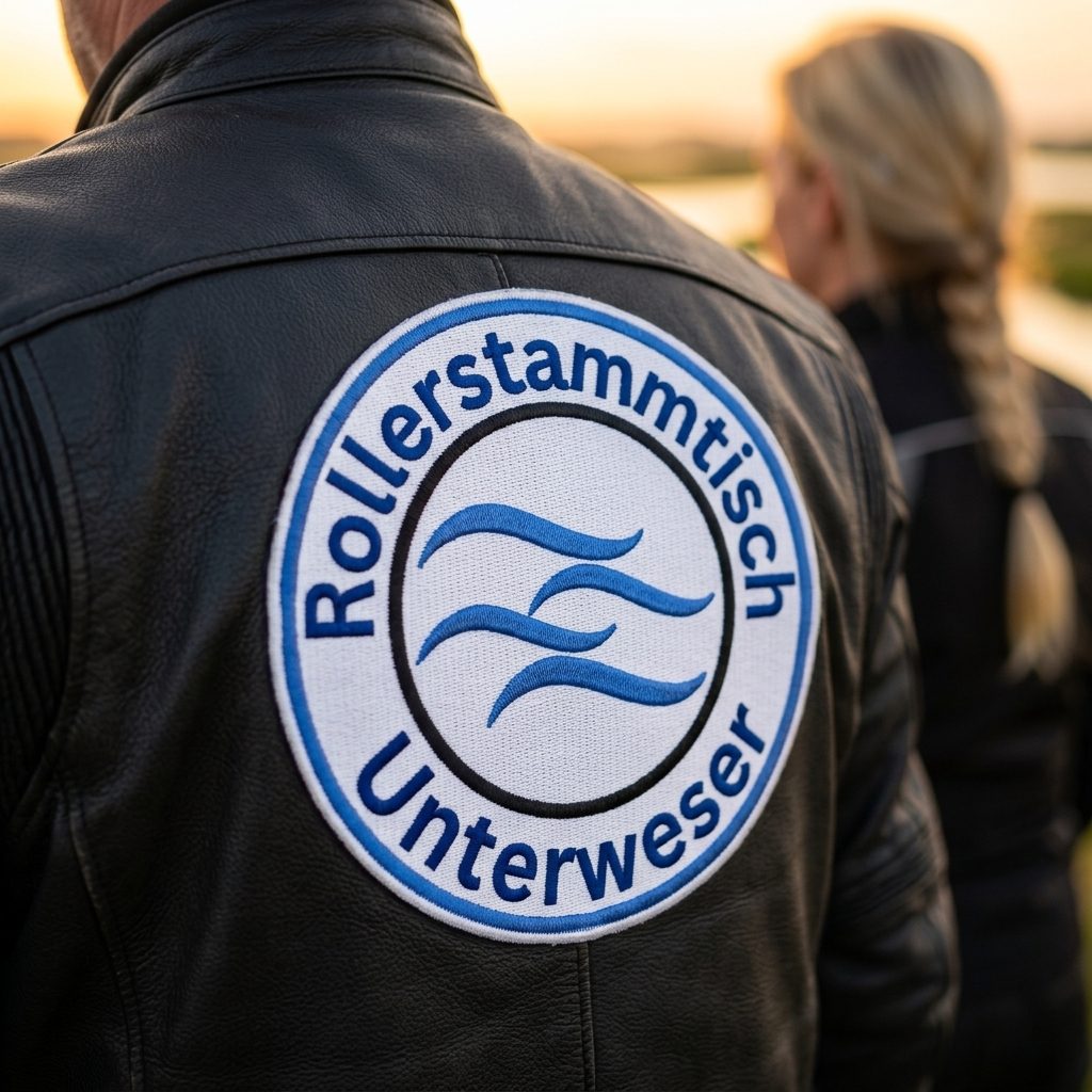 Nahaufnahme des gestickten runden Club-Logos auf einer Lederjacke, im Hintergrund stehen weitere Fahrer als Gemeinschaft zusammen