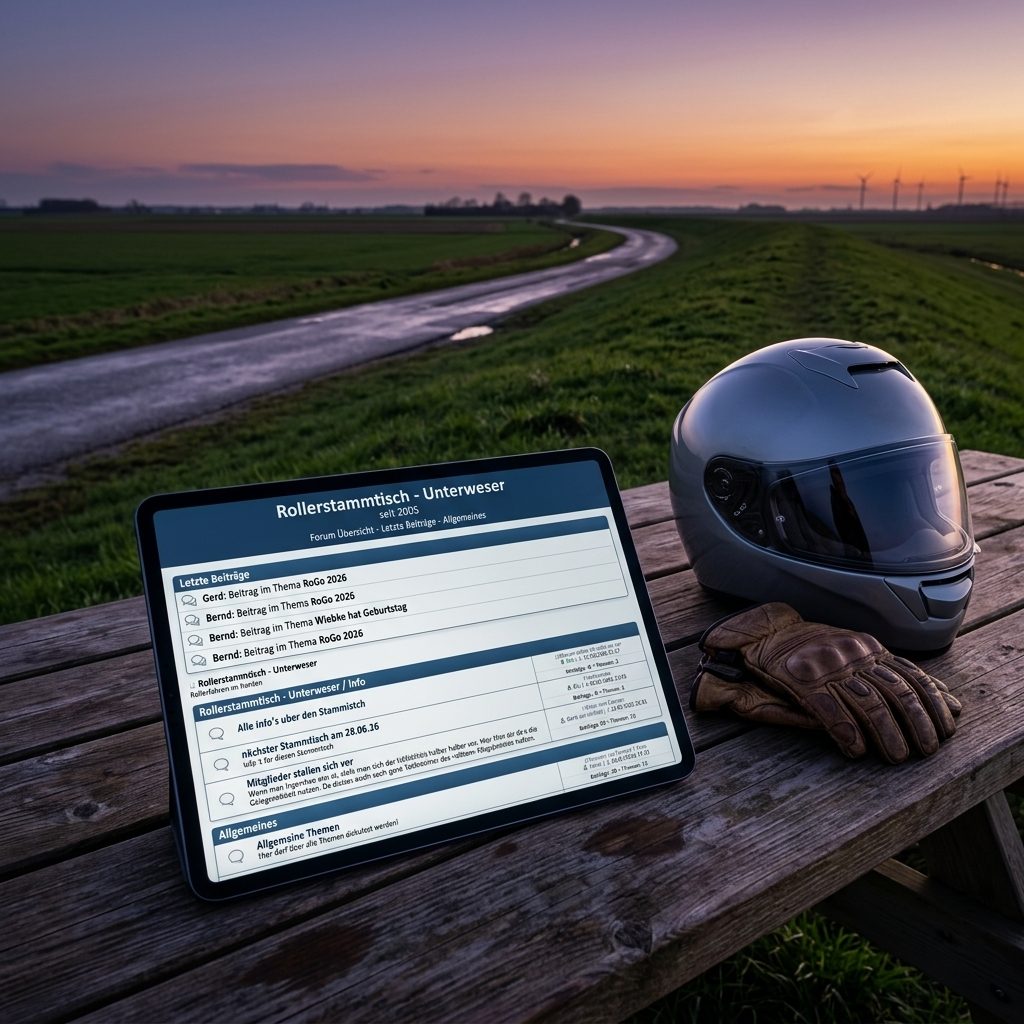 Ein modernes Tablet auf einem hölzernen Picknicktisch an einer Landstraße zeigt die stilisierte, datenschutzkonforme Version der Forenoberfläche des Rollerstammtisch Unterweser. Daneben liegen ein moderner grauer Motorradhelm und Lederhandschuhe. Im Hintergrund schlängelt sich eine nasse Straße an einem grünen Deich vorbei bei Sonnenuntergang